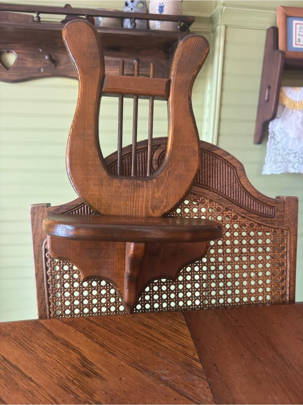 Vintage Rustic Lyre-Style Wooden Wall Shelf & Plate Holder Set